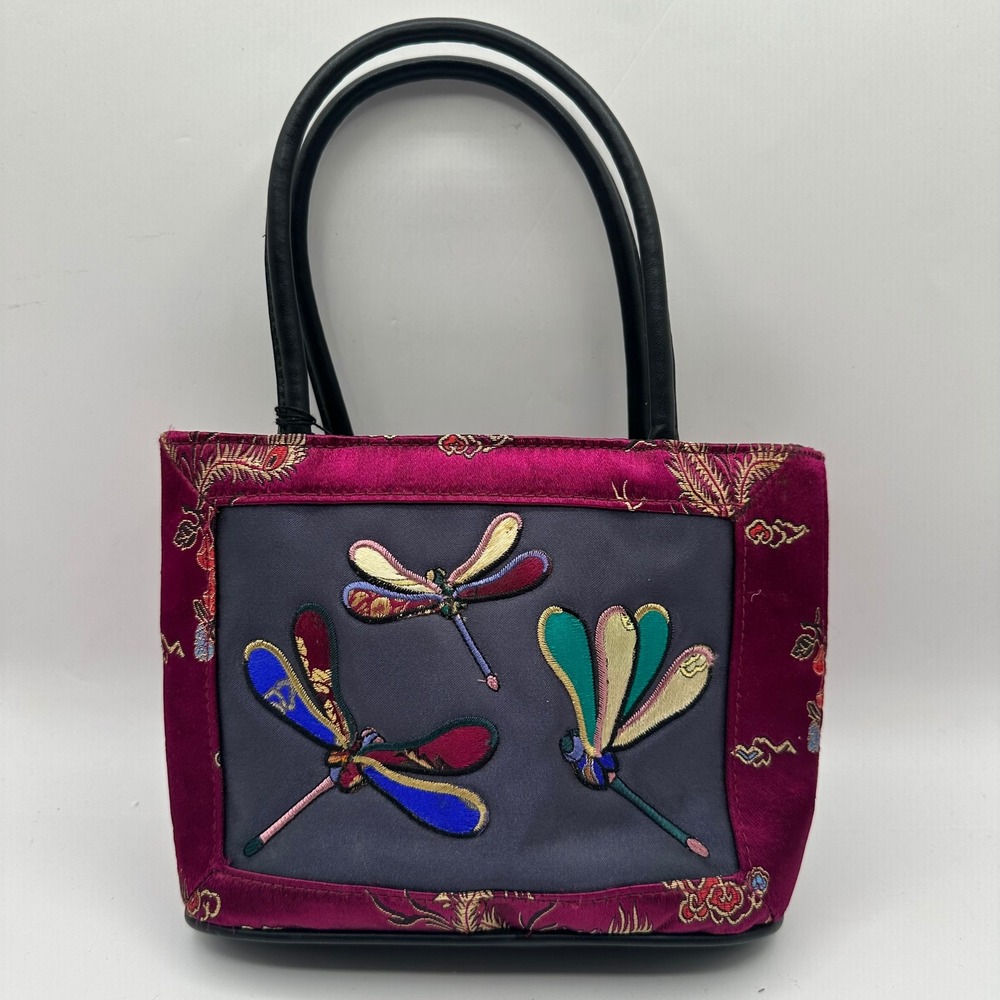 Vintage Bueno Wearable Art Dragonfly Embroidered Silk Blend Handbag Purse